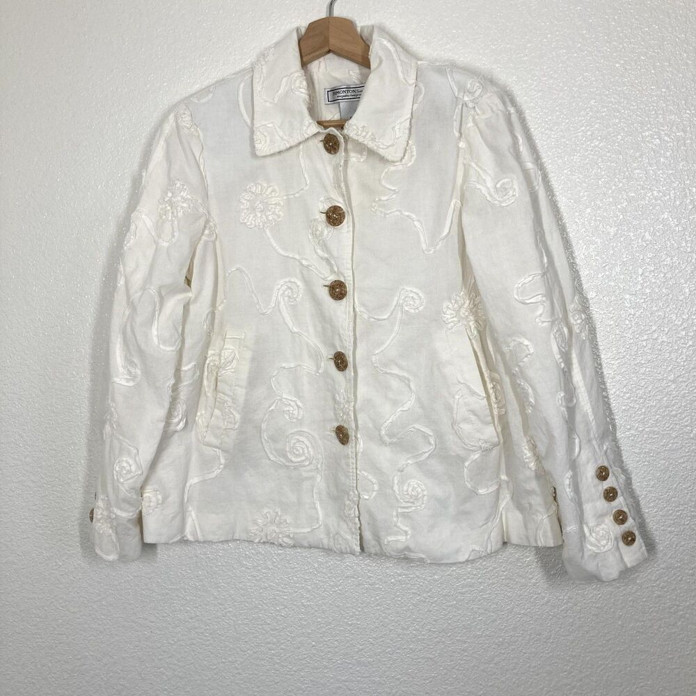 SIMONTON Says Jacket Womens Small White Cotton Floral Embroidered Boho Textured - Picture 2 of 16